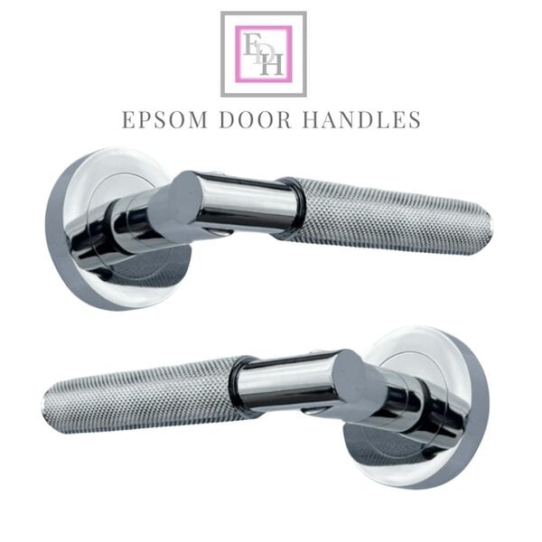 EDH Door Hardware Polished Chrome Knurled Door Handles on Round Rose – Handle Sets