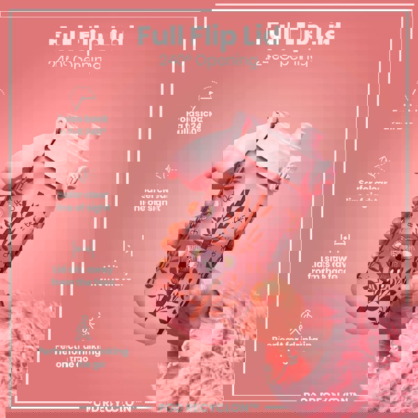 A pink children's water bottle with a koala design is being held; its full flip lid opens 240 degrees. The bottle is designed for on-the-go use. POD RECYCLON™