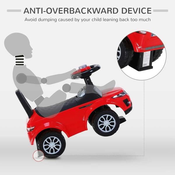 Red ride-on car with anti-overbackward device, showing rear wheel and base support
