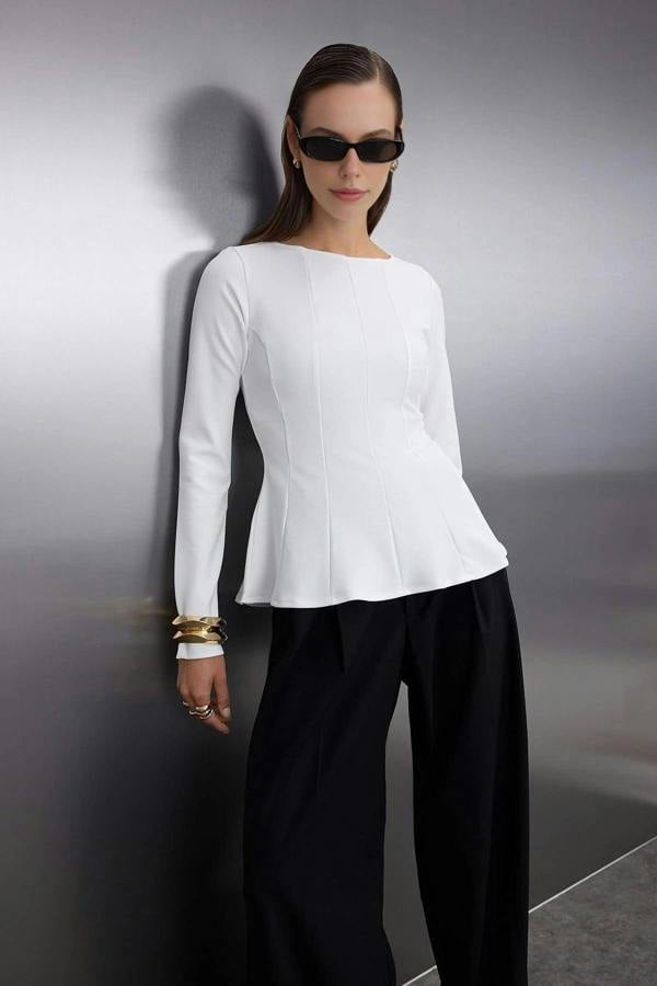 WOVCOR Boat Neck Peplum Knit Blouse