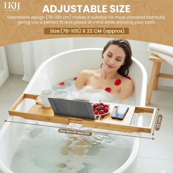 LKH HOME COLLECTION LKH Expandable Bamboo Bath Tray Caddy - Bathtub Rack with Wine Glass Holder, Mobile, Tablet & Book Stand - Retractable & Foldable