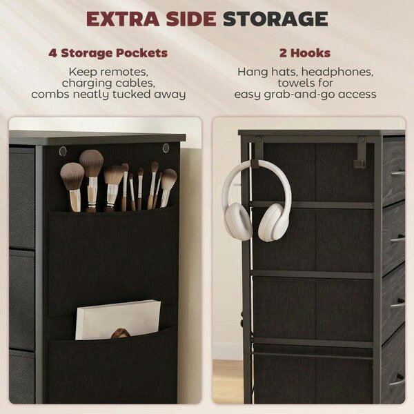 Chest of Drawers, Dresser with 5 Fabric Drawers, Tall Storage Unit with 4 Pockets and 2 Hooks, Steel Frame, Black