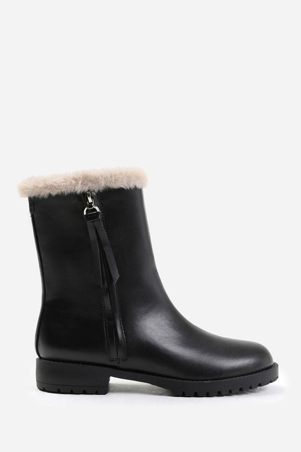 Where's That From Artic Wide Fit Mid Calf Boot With Fur Trim in Black Faux Leather