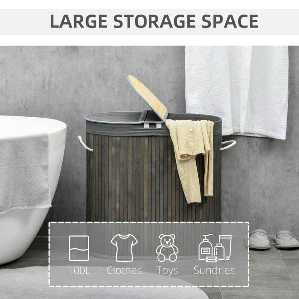 Dyzi 100L Bamboo Laundry Basket 2 Compartments Removable Liner Grey