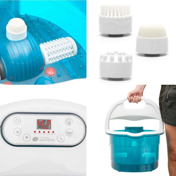 The Rio Multi-Functional Motorised Foot Spa Bath and Massager in blue and white features a digital control panel, handle, and comes with three interchangeable white massage heads shown separately.