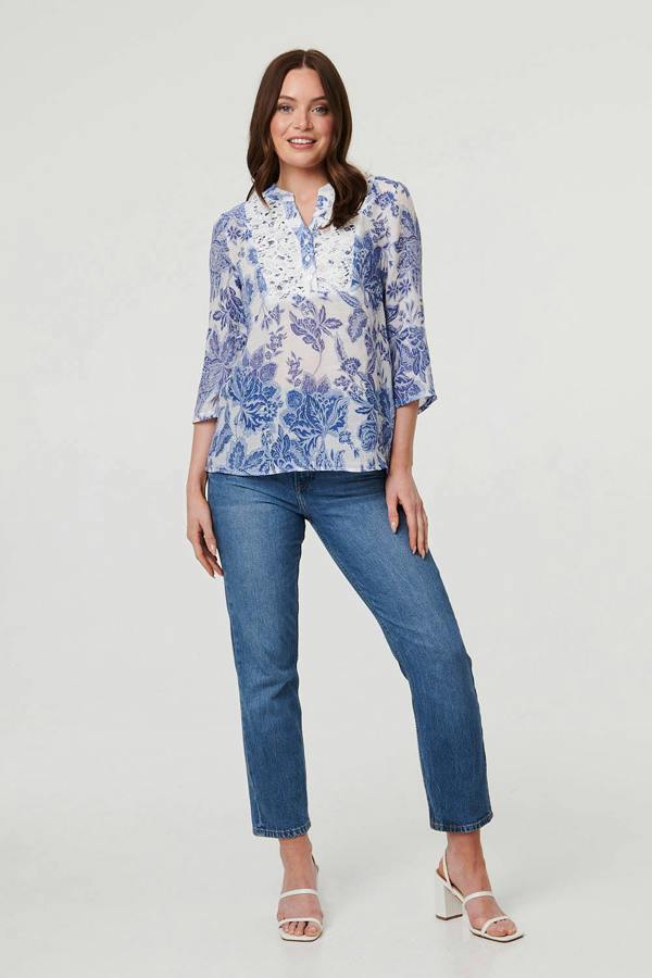 Blue | Floral Lace Detail 3/4 Sleeve Blouse