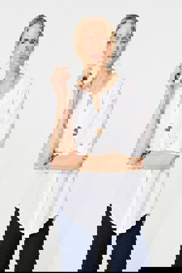 White | Button Detail 1/2 Sleeve V-Neck Blouse
