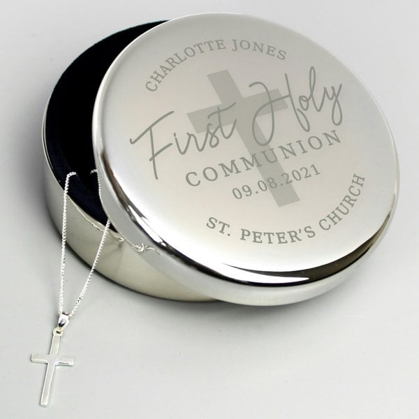 Personalised Memento Company Personalised First Holy Communion Round Trinket Box & Cross Necklace Set