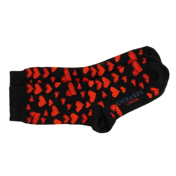 Embassy London Soulmates - Black Red - Women's cotton crew socks UK 3 to 7 in black & red hearts