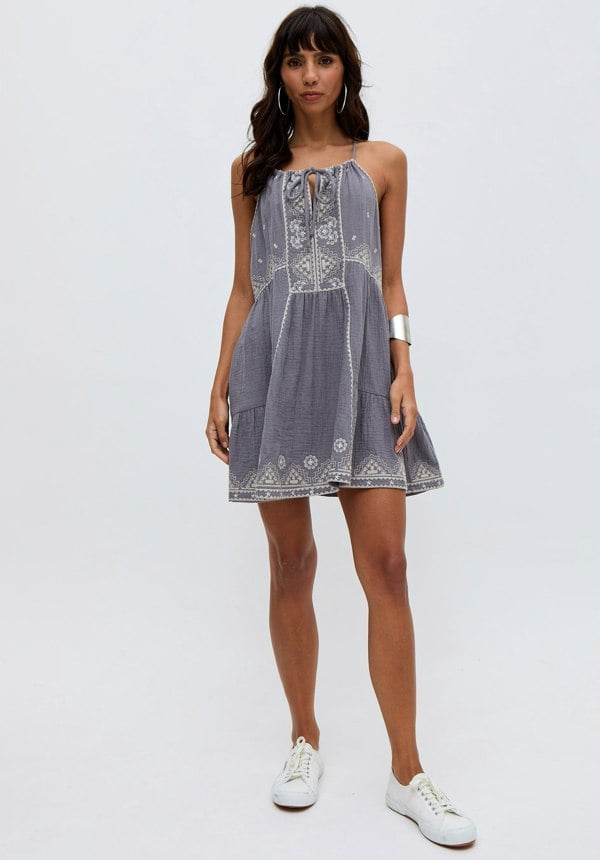 Jen Tiered All Over Embroidered Mini Dress In Grey