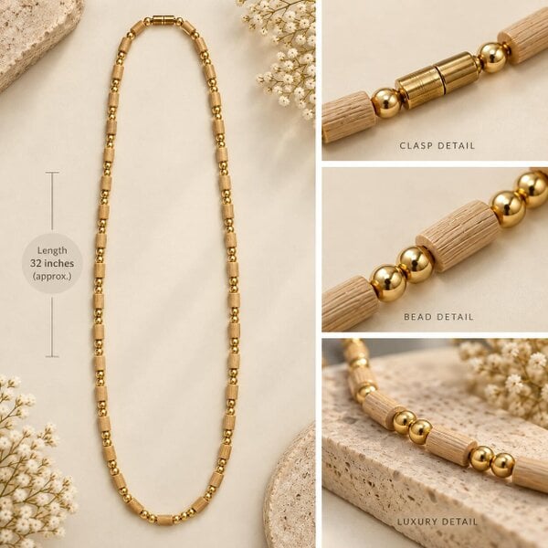The Colourful Aura Tulsi Wood Gold Bead Long Mala Necklace 32 Inch