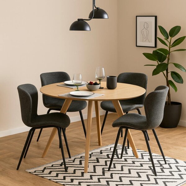 Wyld Haus Hamilton Dining Set Round Natural Oak Effect Wooden Dining Table + 4 Grey Fabric Dining Chairs