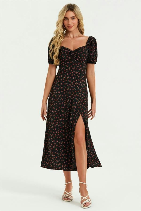 FS Collection Puff Sleeve Heart Neckline Midi Dress In Black