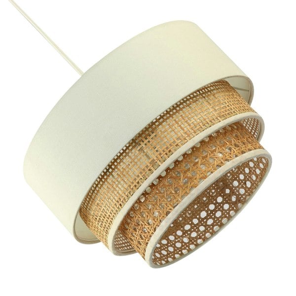 Contemporary Triple Tier Cream Linen and Natural Rattan Pendant Shade Image 5