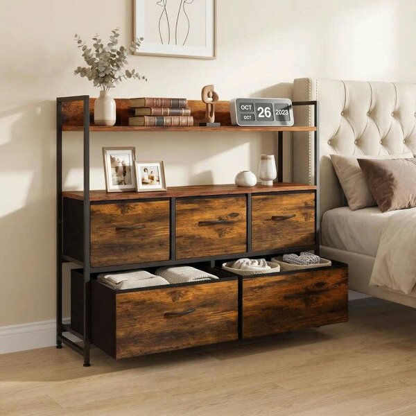 Chest of Drawers, Bedroom Fabric Dresser with 5 Drawers, Storage Organiser Unit with Open Shelves, Rustic Brown