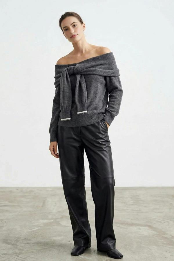 WOVCOR Soft Textured Madonna Neck Tie-Up Knit Sweater
