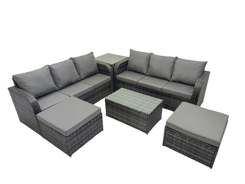 Fimous Outdoor 3 Seater Sofa Coffee Table Set Garden Rattan Furniture Set 8 Seater with 2 Big Stools Side Table Dark Grey