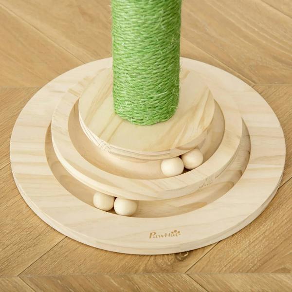 Round wooden base of green cactus cat scratching post with multiple white balls