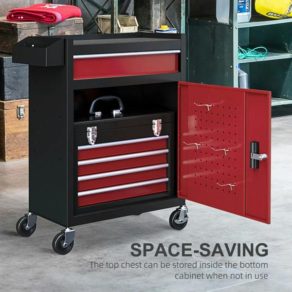 Tool storage chest on wheels with open red cabinet door and red drawer fronts