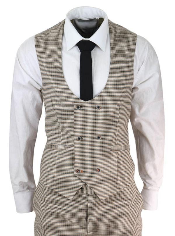 House of Cavani Mens 3 Piece Beige Check Retro Vintage Classic Suit
