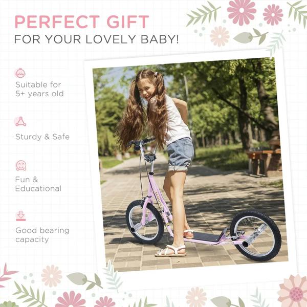Pink kids stunt scooter for ages 5+ with large wheels, shown outdoors with rider