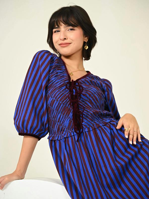 Rose & Nancy Isla Hand Smocked Blue And Burgundy Stripe Midi Dress