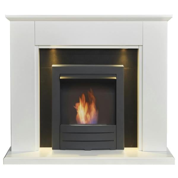 Adam Eltham Fireplace in Pure White & Black with Downlights & Colorado Bio Ethanol in Black, 45 Inch