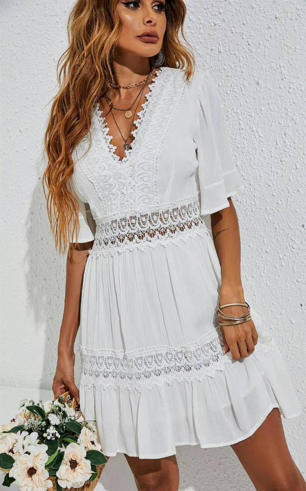 FS Collection V Neck Lace Mini Dress In Ivory White