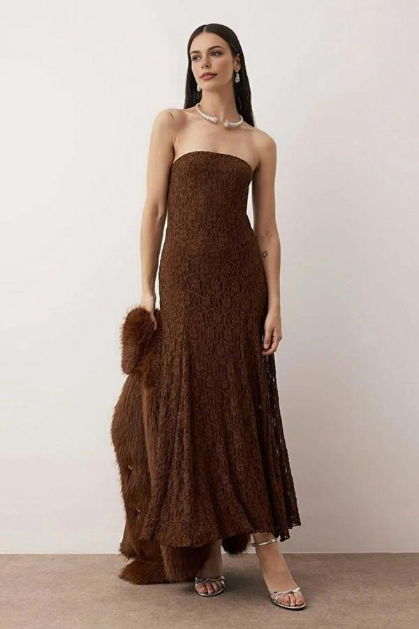 WOVCOR Lace Strapless Midi Lined Dress