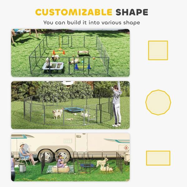 Grey wire playpen panels arranged in different shapes for flexible setup