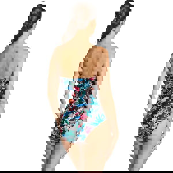 Zoggs retro surf ruched bandeau swimsuit in black floral tropical print with removable straps