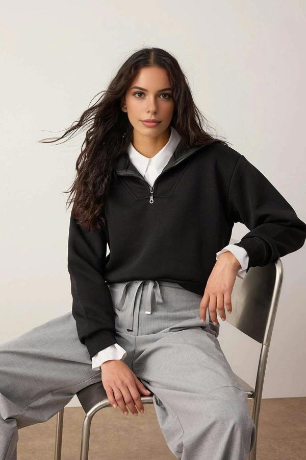 WOVCOR Stand Collar Half Zipper Crop Knit Sweatshirt with Thick Fleece Inside