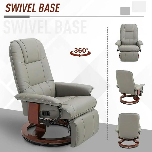 Grey swivel recliner chair with 360° base, padded backrest and extended leg support.