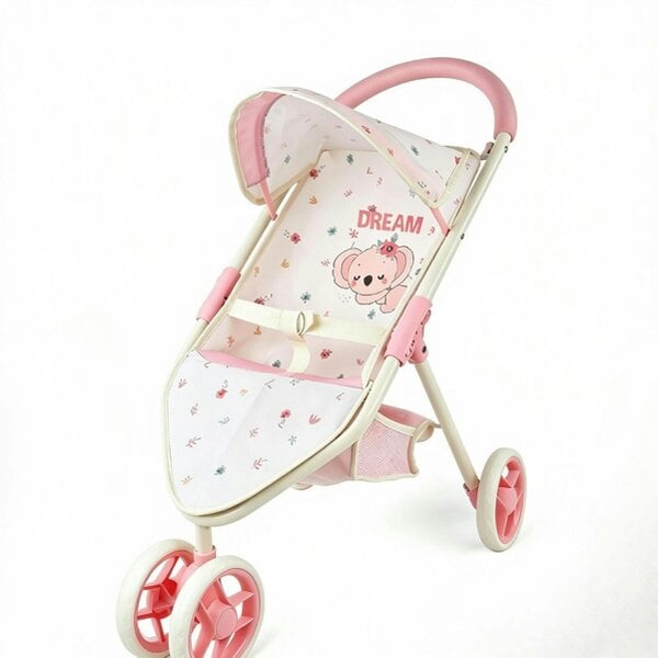 deAO Toys Baby Doll Pram with Retractable Hood – for Dolls up to 42cm, Storage Basket & Safety Harness – Pretend Play Stroller for Kids Ages 3+