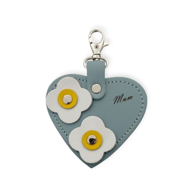 Zatchels Love heart bag charm - with 'Mum' engraving and flower appliques - Sea Green