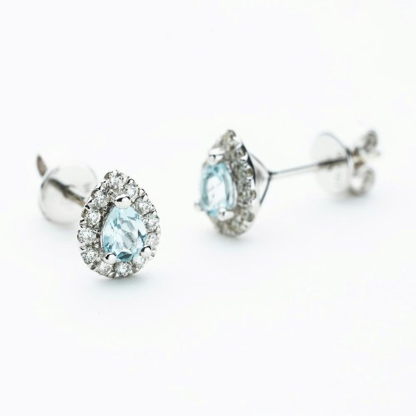 T. H. Baker 9ct White Gold Pear Cut Aquamarine & 0.27ct Diamond Cluster Stud Earrings NTE409PEAR-AQD-9WG