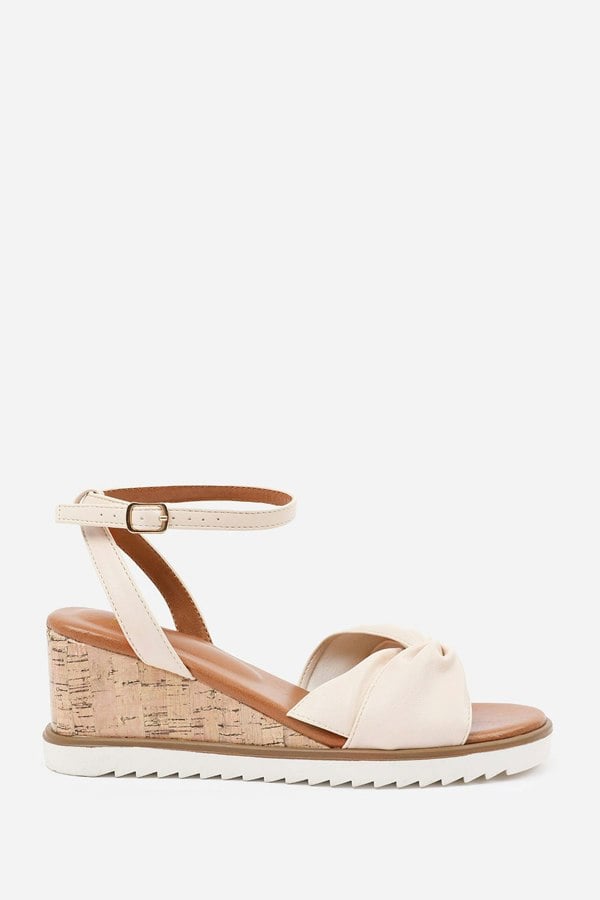 Where's That From Katara Wide Fit Knot Detail Wedge Shoes With Buckle Ankle Strap in Cream Pu