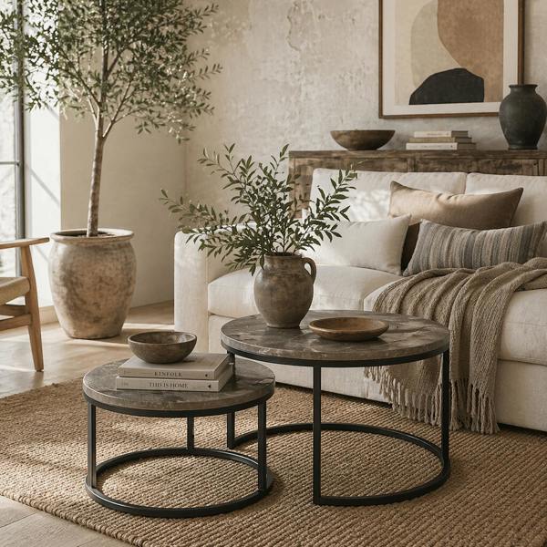 Wyld Haus Reniso Set Of 2 Metal And Wood Marble Effect Industrial Round Nesting Coffee Tables