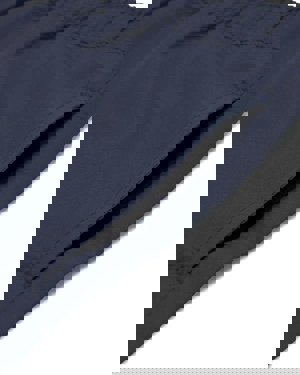 Lambretta Mens Swimming Casual Summer Shorts, navy blue fabric with a close-up view of the pocket and stitching detail.