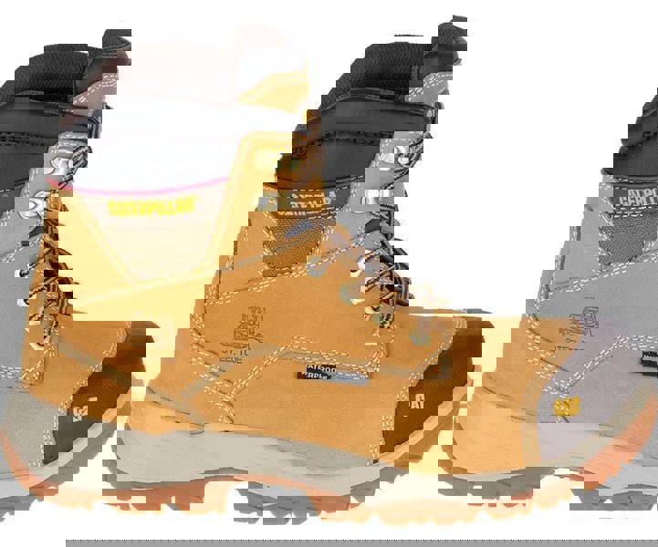 Caterpillar Spiro Mens Steel Toe/Midsole S3 Work Safety Boots, durable tan work boots with steel toe, waterproof feature, cushioned collar, and rugged sole for enhanced traction and safety.