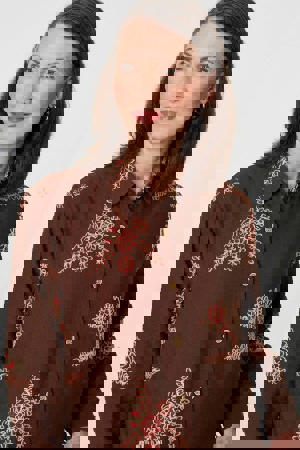 Brown | Floral Stitch Detail Long Sleeve Shirt

