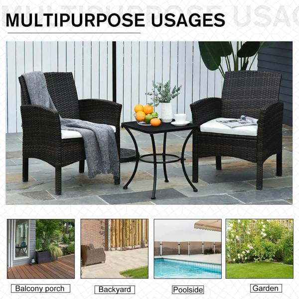Black outdoor bistro table with square mesh top and curved metal support legs