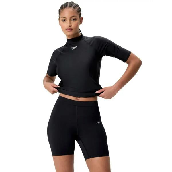Black Speedo Endurance+ swim short with snug high-neck rash guard