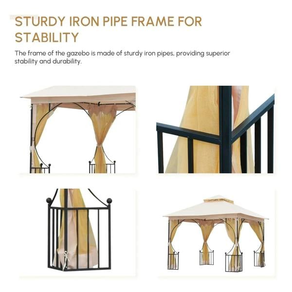 Beige gazebo with sturdy iron pipe frame, black posts, and hanging sheer curtains