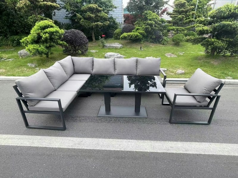 Fimous Aluminum Outdoor Garden Furniture Corner Sofa Chair Adjustable Rising Lifting Dining Table Sets Dark Grey Black Tempered Glass 7 Seater