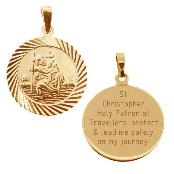Christopher James of London 9ct Rose Gold Plated 20mm Diamond Cut St Christopher Pendant With Travellers Prayer and Optional Chain