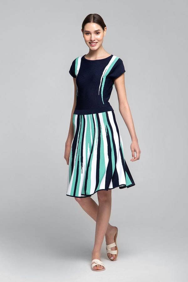 Rumour London Iris striped knitted fit and flare dress in navy and turquoise