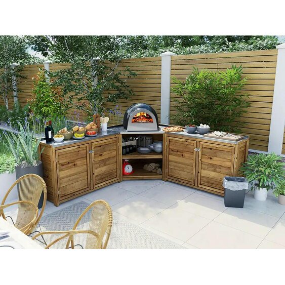 Dunster House Wooden Garden Kitchen Unit J-Configuration With Stainless Steel Countertop, W2m x D2m / W7' x D7'