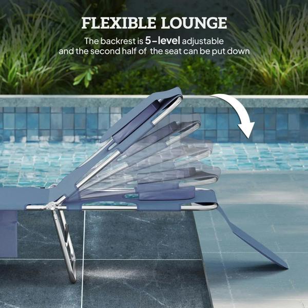 Grey reclined lounge chair with adjustable backrest and folding steel legs for poolside.