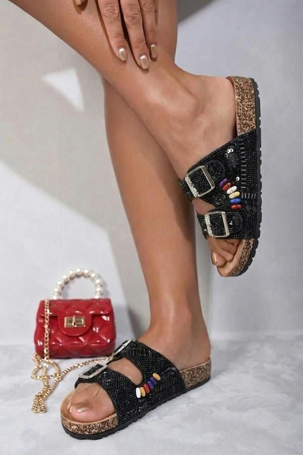 ikrush Leslie Rhinestone Double Buckle Adjustable Slip On Slides Sandals